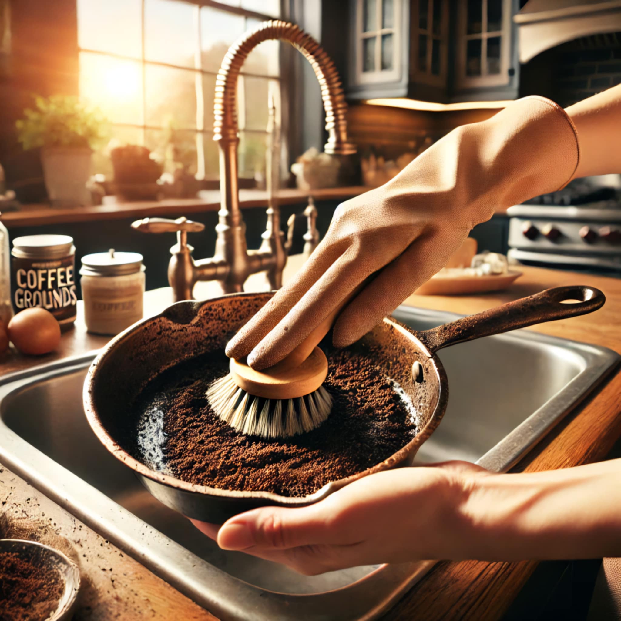 Scrubbing Pan with Coffee Grounds